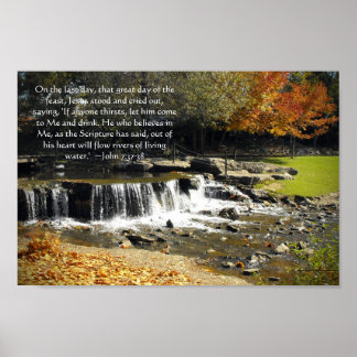 Autumn Waterfall Scene John 7:37 Bible Verse Poster