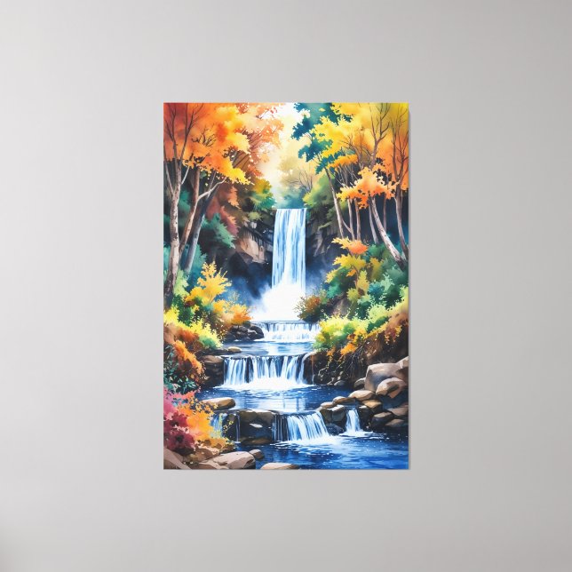 Autumn Waterfall Serenity - Watercolor Landscape Canvas Print (Front)