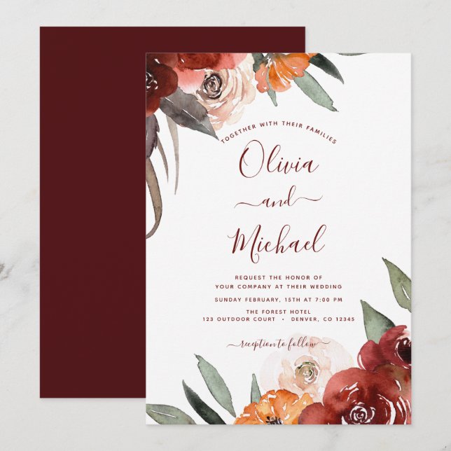 Autumn Wedding Burgundy Floral Fall Invitation (Front/Back)