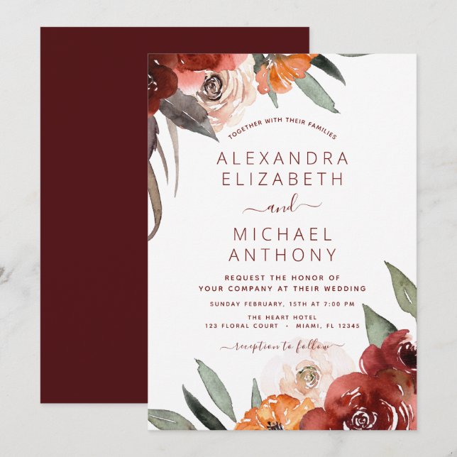 Autumn Wedding Burgundy Floral  Invitation (Front/Back)