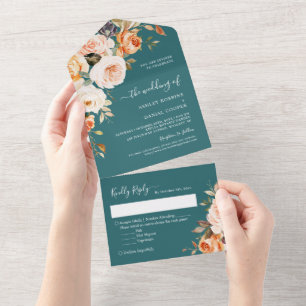 Autumn Wedding Dark Teal Gold Leaves Floral All In One Invitation