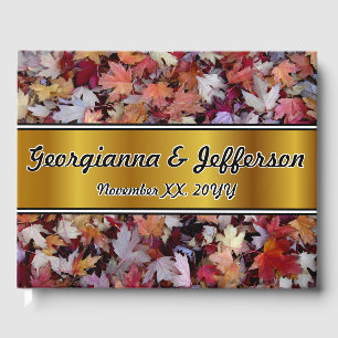 Autumn Wedding Fallen Leaves + Faux Gold Band Guest Book
