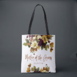Autumn wedding floral modern mother of the groom tote bag<br><div class="desc">Modern rustic mother of the groom elegant typography tote bag featuring autumn fall rusty orange, burgundy gold and ivory cream flowers with dried leaves and foliage and a whimsical chic script. Personalise it with mother's name on the front side and with the wedding couple names and date on the reverse....</div>