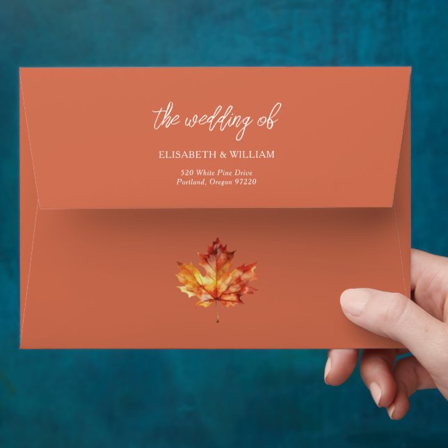 Autumn Wedding Orange Leaf Personalised Envelope (Hand)