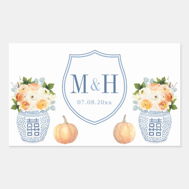 Autumn Wedding Pumpkins Blue And White Crest Favou Rectangular Sticker (Front)
