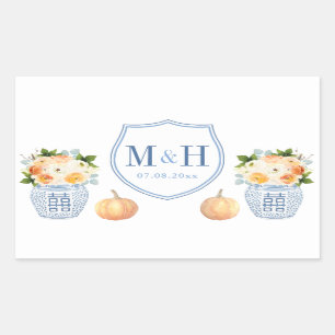Autumn Wedding Pumpkins Blue And White Crest Favou Rectangular Sticker