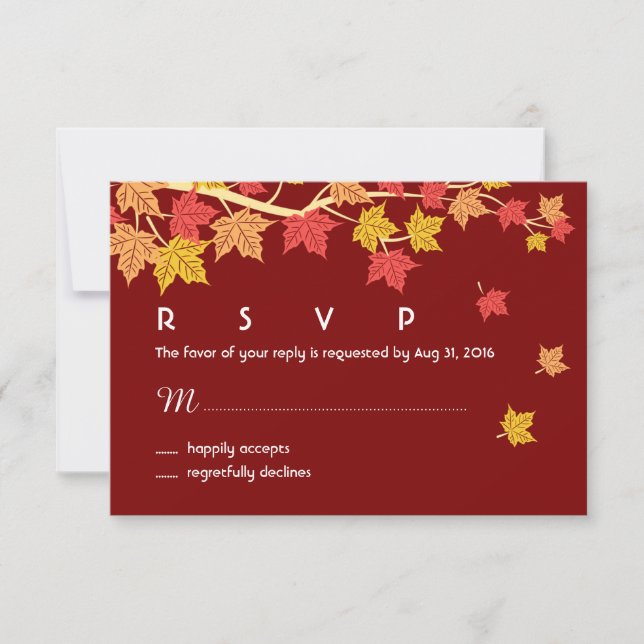 Autumn Wedding RSVP Card with Maple Leaves Falling (Front)