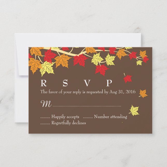 Autumn Wedding RSVP Card with Maple Leaves Falling (Front)