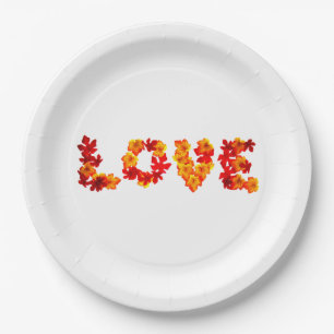 Autumn Wedding Rustic Leaves Spell Love Fall Paper Plate