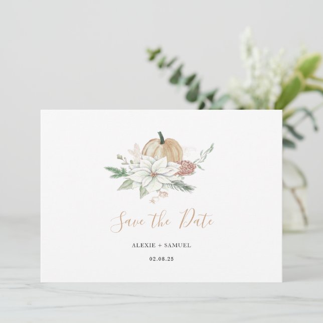 Autumn wedding Save The Date floral pumpkin chic  (Standing Front)