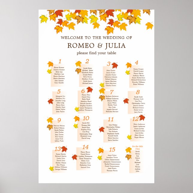 Autumn Wedding Seating Chart 15 Tables Poster (Front)