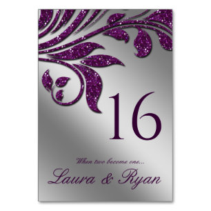 Autumn Wedding Sparkle Leaf Purple Silver Table Number