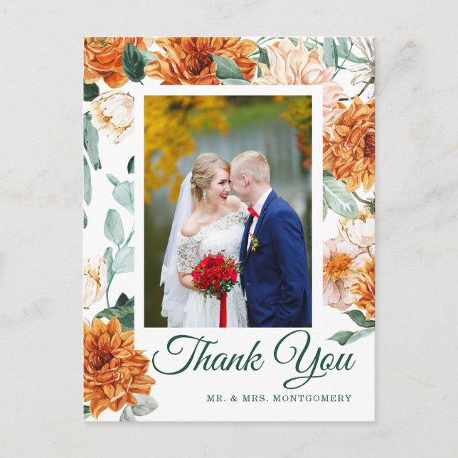 Autumn Wedding Thank You Green Watercolor Floral  Postcard (Front)