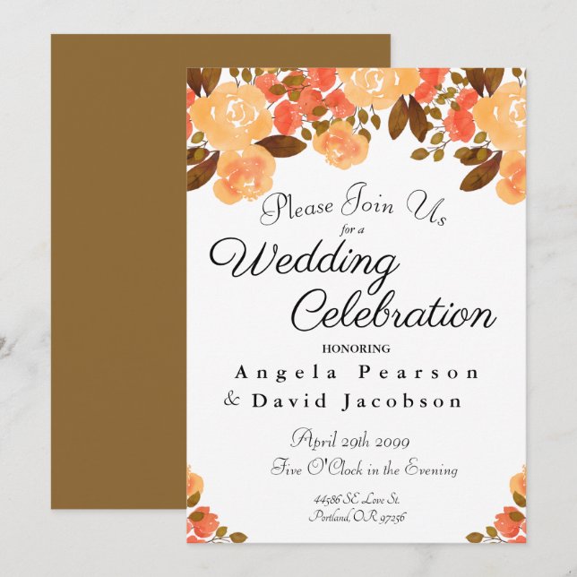Autumn Wedding Watercolor Flowers Fall Colours Invitation (Front/Back)