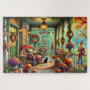 Autumn Welcome Victorian Porch Retreat Pumpkins Jigsaw Puzzle