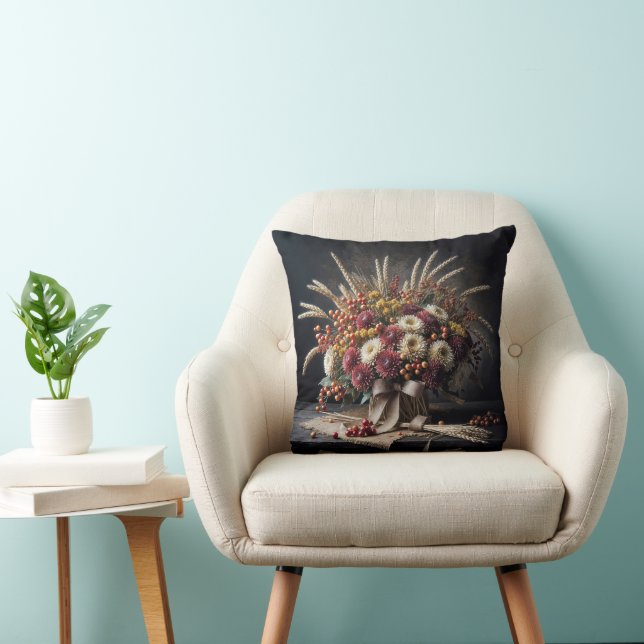 Autumn Wheat Stalks and Mum Bouquet  Cushion (Chair)