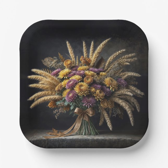 Autumn Wheat Stalks and Mum Bouquet Paper Plate (Front)