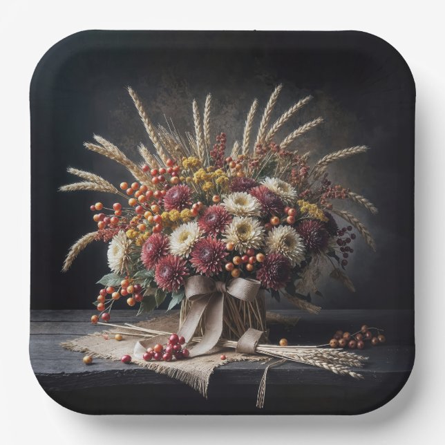 Autumn Wheat Stalks and Mum Bouquet  Paper Plate (Front)