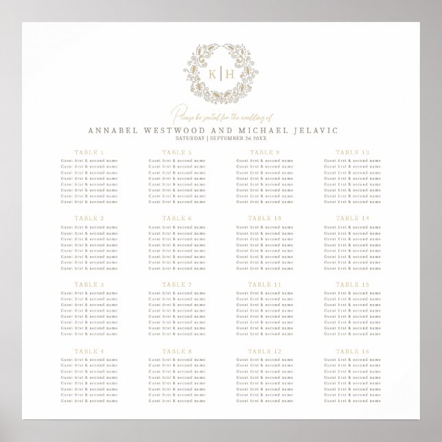 Autumn Wheat Wreath Wedding Seating Plan 16 Table Poster (Front)