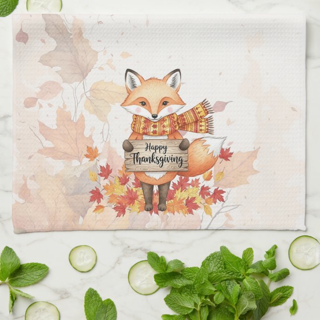 Autumn Whimsy – Thanksgiving Fox with Fall Leaves  Tea Towel (Folded)