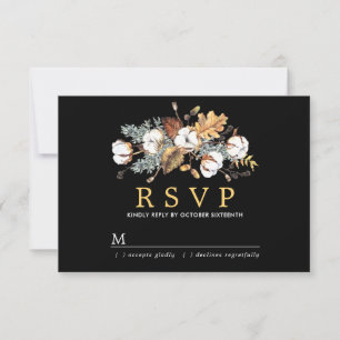 Autumn White Floral Gold Leave Wedding RSVP Card