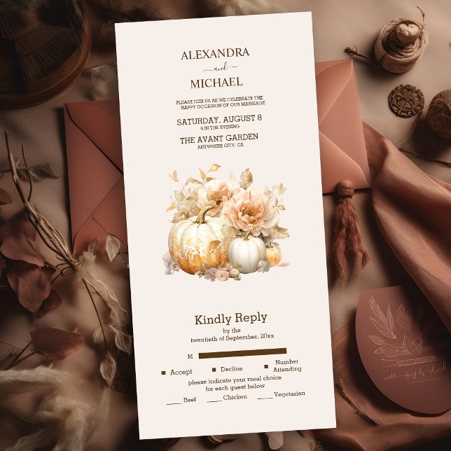 Autumn White Gold Glitter Pumpkin Wedding All In One Invitation (Creator Uploaded)