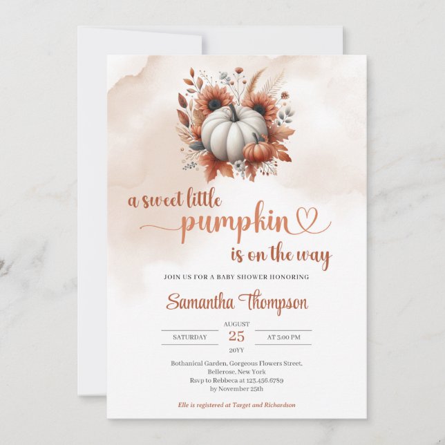 Autumn white pumpkin terracotta copper sunflowers invitation (Front)