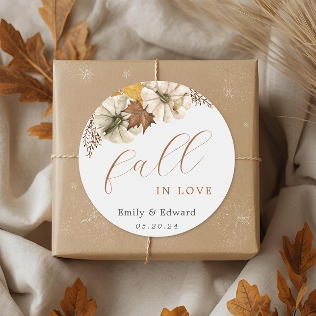 Autumn White Pumpkins Fall in Love Wedding Classic Round Sticker (Creator Uploaded)