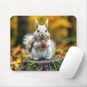 Autumn White Squirrel On a Tree Stump Mouse Mat