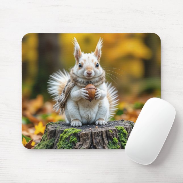 Autumn White Squirrel On a Tree Stump Mouse Mat (With Mouse)