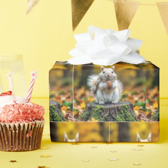 Autumn White Squirrel On a Tree Stump Wrapping Paper (Birthday Party)