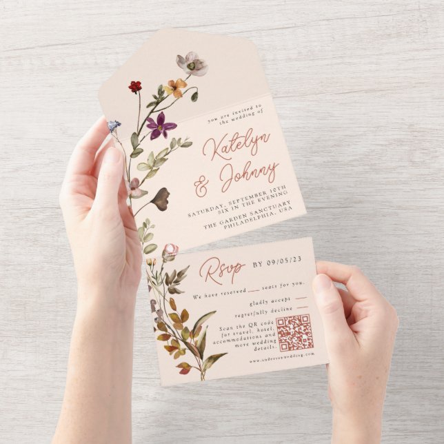 Autumn Wildflower Boho Terracotta Wedding All In One Invitation (Tearaway)