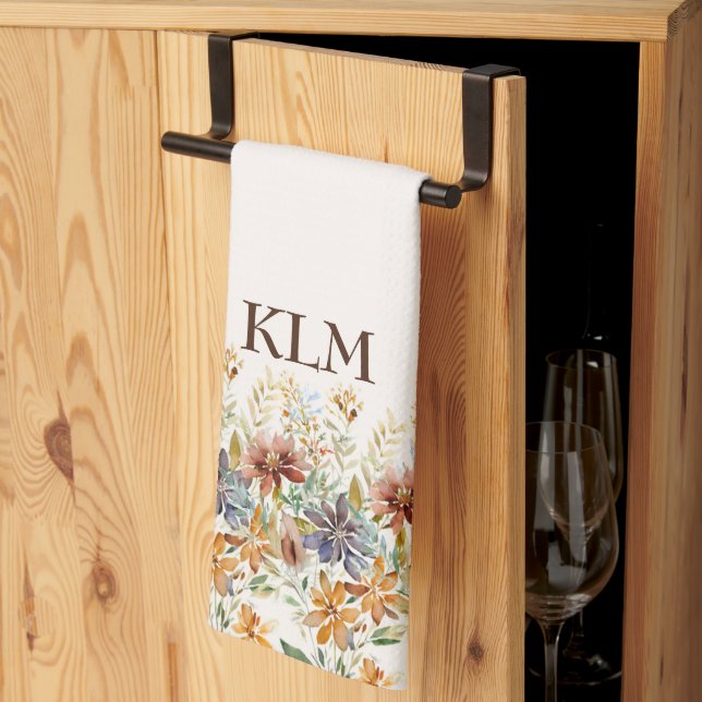 Autumn wildflower border monogram tea towel (Thirds Fold)