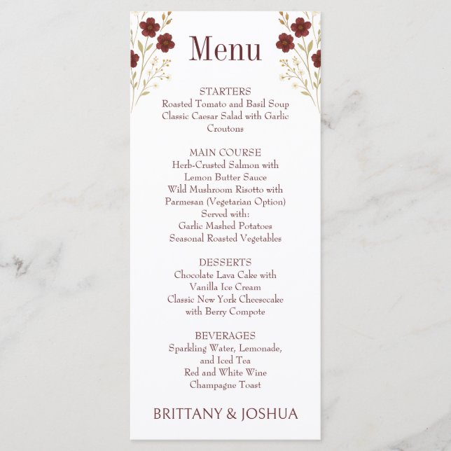 Autumn Wildflower Elegant Boho Wedding  Menu (Front)