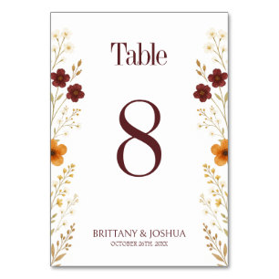Autumn Wildflower Elegant Boho Wedding Table Number