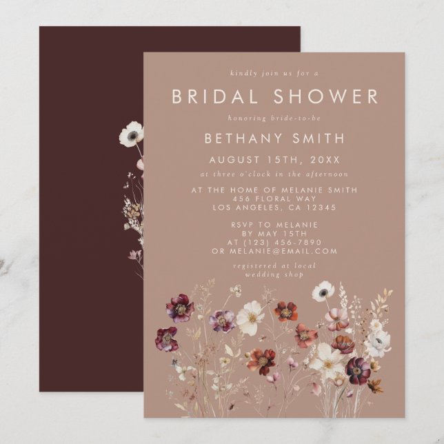 Autumn Wildflower Meadow Taupe Bridal Shower Invitation (Front/Back)