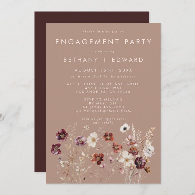 Autumn Wildflower Meadow Taupe Engagement Party Invitation (Front/Back)