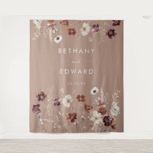 Autumn Wildflower Meadow Taupe Wedding Backdrop Tapestry