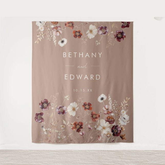 Autumn Wildflower Meadow Taupe Wedding Backdrop Tapestry (Front)