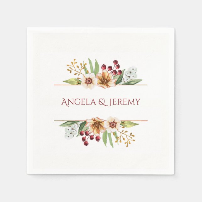 Autumn Wildflower Watercolor Wedding Red Napkin (Front)