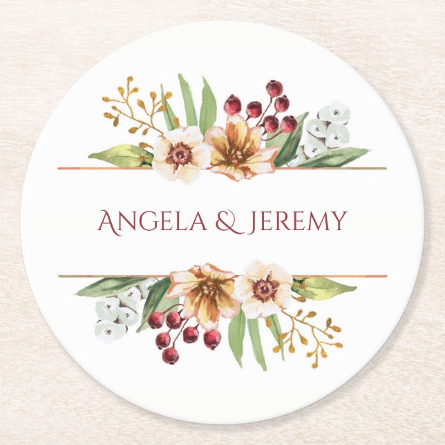 Autumn Wildflower Watercolor Wedding Red Round Paper Coaster (Front)
