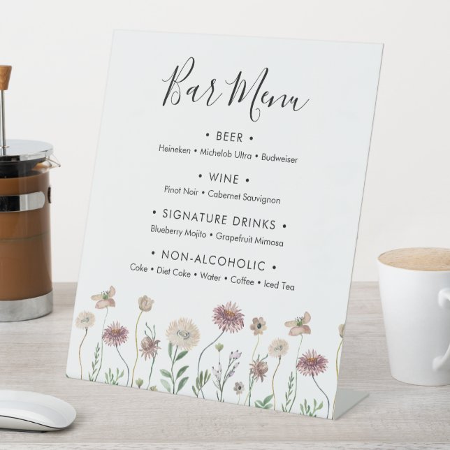 Autumn Wildflower Wedding Bar Menu Pedestal Sign (In SItu)