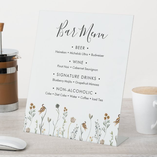 Autumn Wildflower Wedding Bar Menu Pedestal Sign (In SItu)
