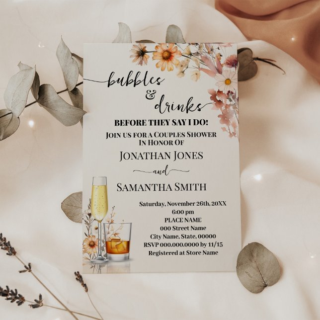Autumn Wildflowers Bubbles & Drinks Bridal Shower Invitation (Creator Uploaded)