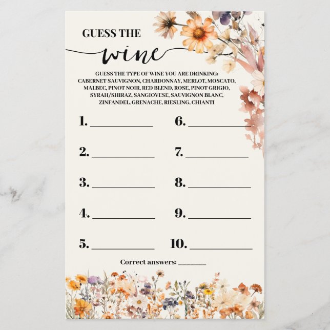 Autumn Wildflowers Guess the Wine Shower Game Card (Front)
