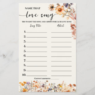 Autumn Wildflowers Name Love Song Shower Game Card