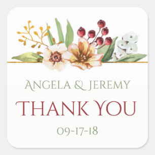 Autumn Wildflowers Watercolor Wedding Red Square Sticker