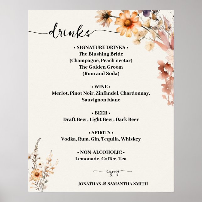 Autumn Wildflowers Wedding Drinks Menu Sign (Front)