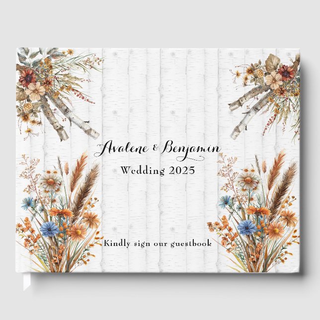Autumn Wildflowers White Birch Tree Wedding  Guest Book (Front)