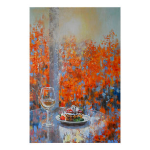 Autumn Window with Wine and Dessert Poster